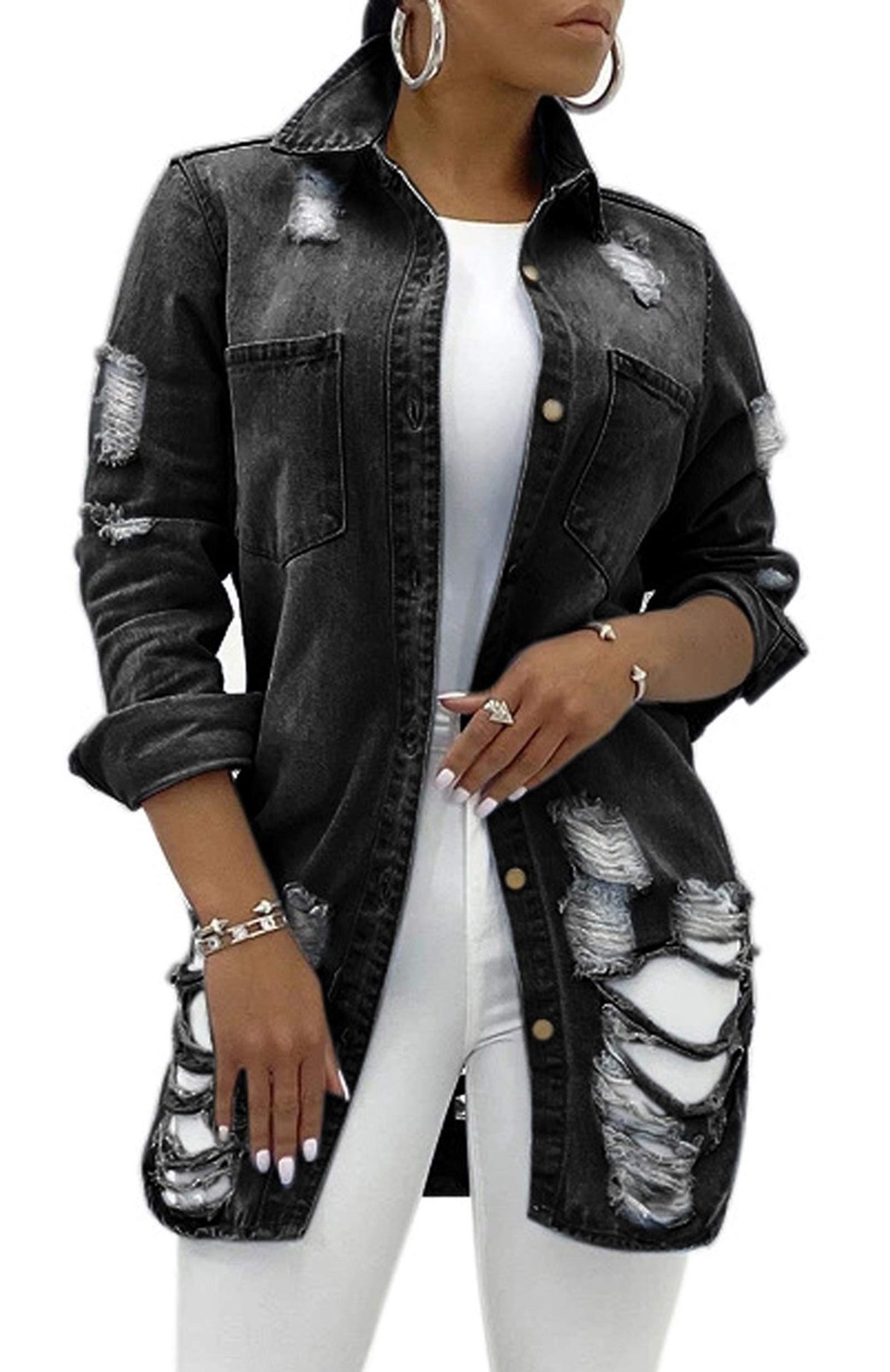 Distressed Ripped Denim Jacket For Women Sexy Long Sleeve Cl
