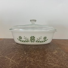 Vintage Glasbake Green Floral Milk Glass Oval Casserole Baking Dish w/ Lid