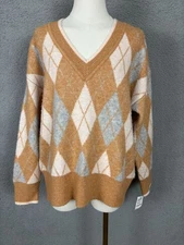 On-34th Women's Argyle V-Neck Drop-Shoulder Sweater Small Multicolor NWI's.