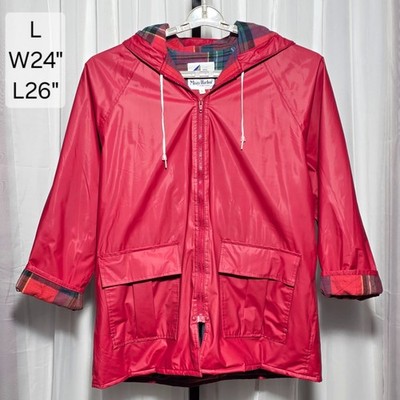 Misty Harbor Women's L Red Rain Jacket Slicker Hooded Plaid Lined Vinyl P.V.C.