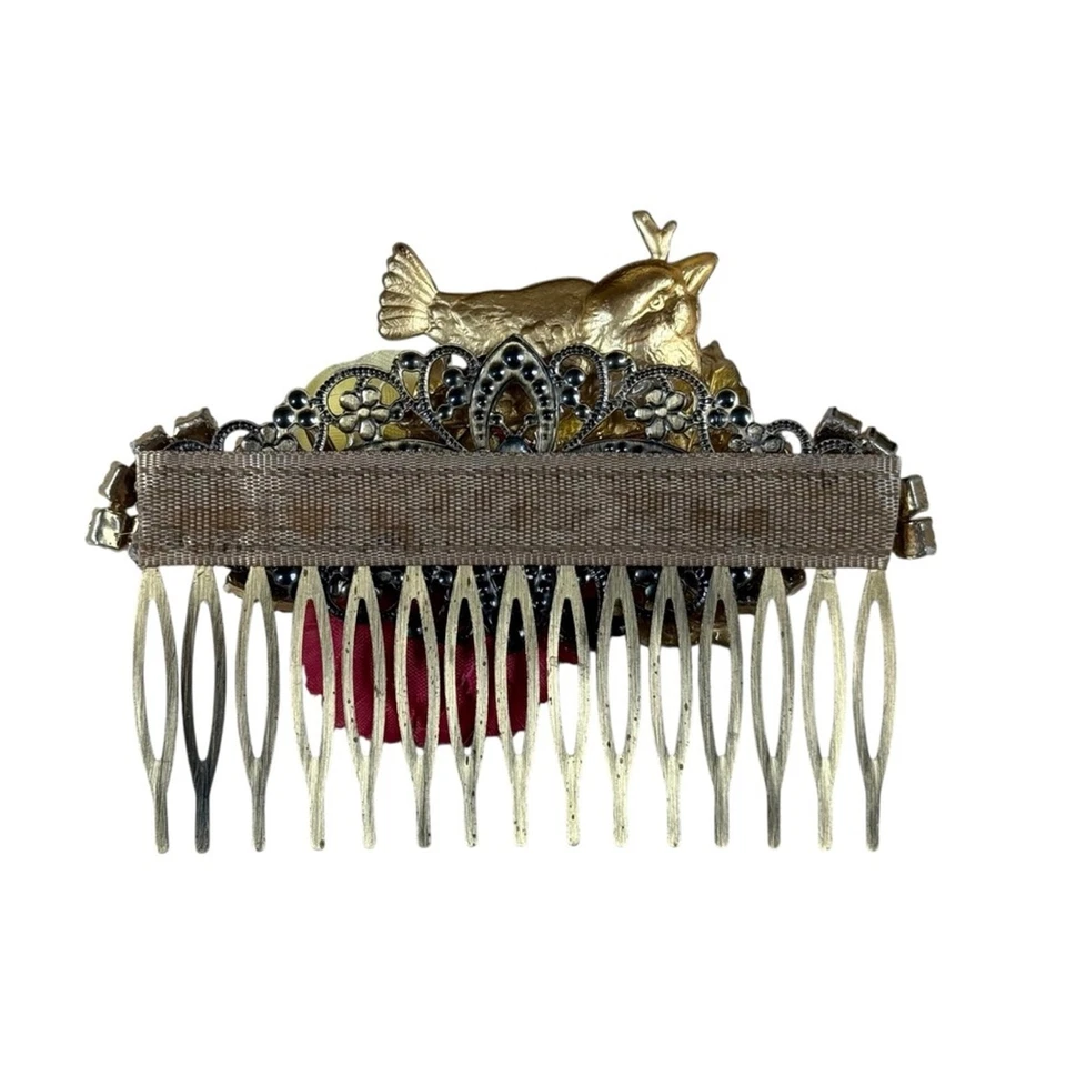 Bridal Floral Hair Comb Vintage Jewelry Gold Bird Accent Hairpiece Accessory - Image 4 of 4