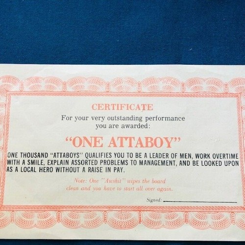 One Attaboy Certificate "for Your Outstanding Performance" - Picture 2 of 3