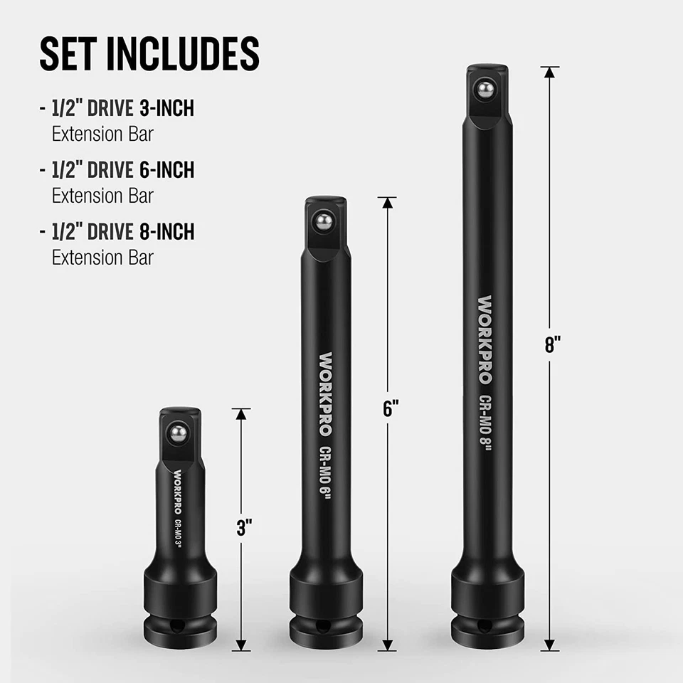 WORKPRO 1/2" Drive Impact Extension Bar Set 3 Pieces 3 6 8 Inch Socket Extension - Image 3 of 4