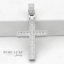 NEW Gift Inc Men's Unisex CZ .925 Sterling Silver CZ 48mm Cross Pendant + Box