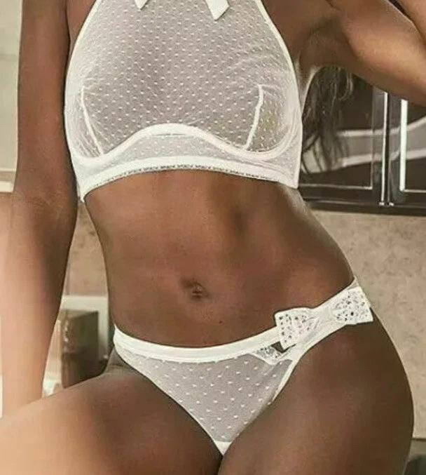 Трусики-стринги Victorias Secret белые роскошные размер L атласные со стразами бант горошек - Изображение 4 из 4