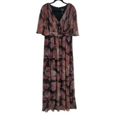 Adrianna Papell Womens Floral Chiffon Draped Gown Dress Size 8 Flowy Maxi V Neck