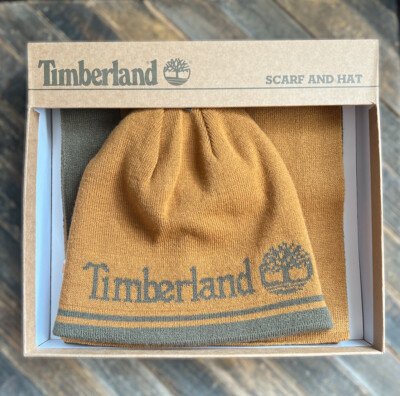 Timberland Reversible knit Hat and Scarf Set Yellow Gold Khaki NWT in  Gift Box
