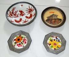 Lot of 4 VINTAGE PEWTER CERAMIC BOWL & PELTRO COASTER HANDMADE GREECE WALL 