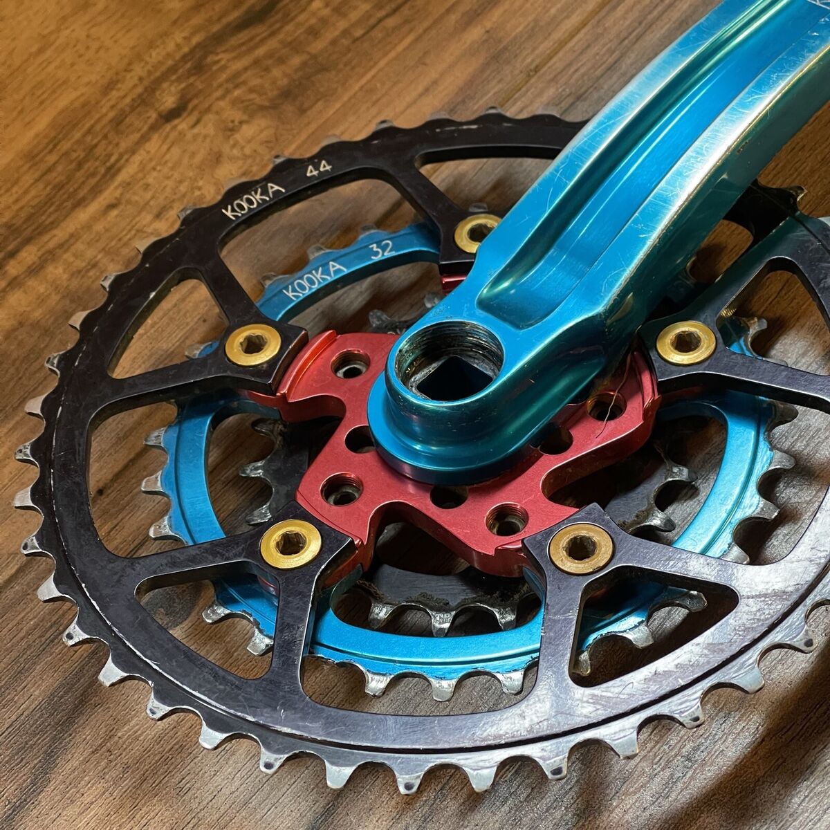 Vintage Kooka CNC Anodized Turquoise Red Crankset 175 94/58 Vintage Kooka CNC Anodized Turquoise Red Crankset 175 94/58