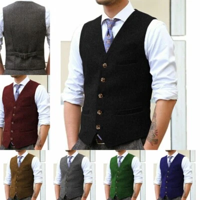 Schwarz Jagd Herren Tweed Weste Vintage Herringbone Hochzeit Wolle Bräutigam ++ - Bild 1 von 4