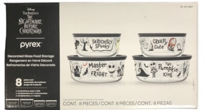 Pyrex Disney Nightmare Before Christmas 8 piece Glass Bowl Set with Lids NIB