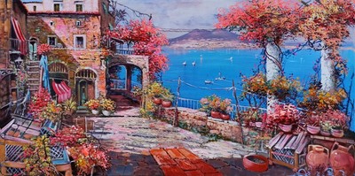 VESUVIUS PAINTING BLOOMED VIEW ORIGINAL ITALIAN PAINTER DE MICHELE ITALY NAPLES