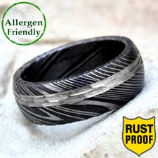 Customized Hammered Silver Steel Inlay Damascus Ring Mens Wedding Band Forged