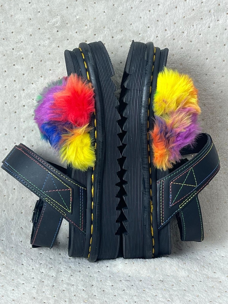 Dr. Martens Voss II Fluffy Sandals Black Rainbow Women Platform