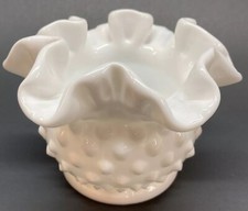 Fenton Milk Glass Hobnail Double Crimped Ruffled White Vase 3"