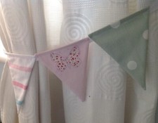 LAURA ASHLEY PINK BELLA BUTTERFLY, STRIPE & GREEN SPOT BUNTING CURTAIN TIE BACKS