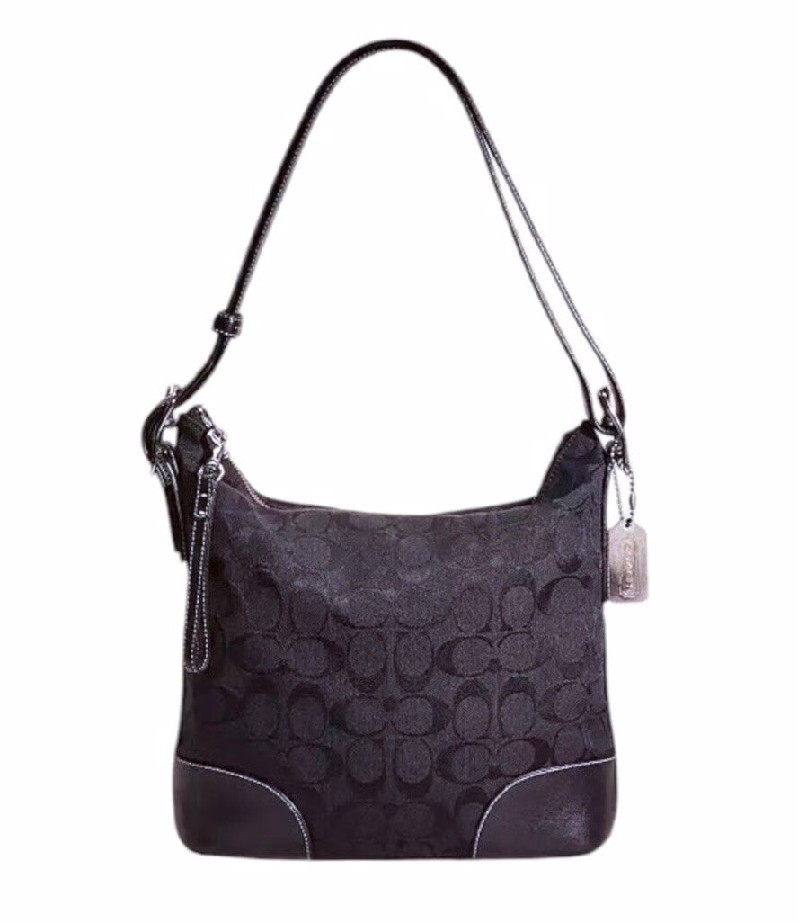 COACH VINTAGE Y2K HOBO TOTE CROSSBODY BAG PURSE BLACK LOGO CANVAS LEATHER 6347