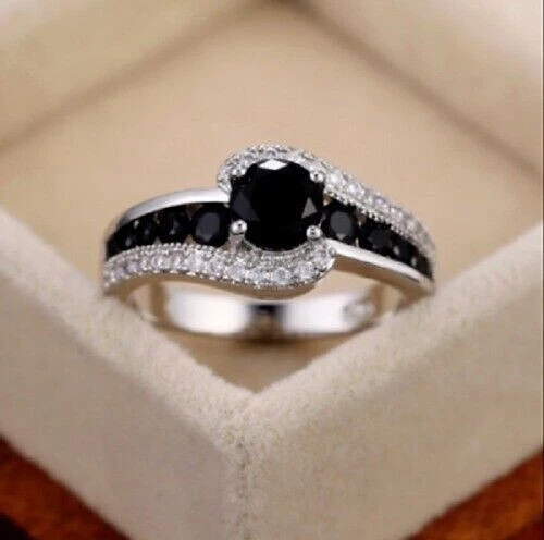 2Ct Round Black Onyx Lab Created Diamond 14K White Gold Finish Engagement Ring