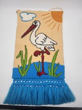 VTG MCM Latch Hook Wall Rug Yarn Art Complete Stork Bird Blue Fringe 32  x17  