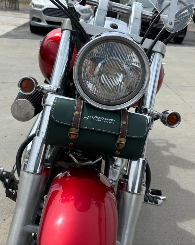 Leather Bag Pouch Motorcycle Front Fork Rear Sissy Bar Tool Kit Holder Storage - Image 3 of 4