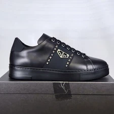 Size 10 (EU 44) - Philipp Plein Nappa Leather Lo-Top Sneakers Hexagon - Black