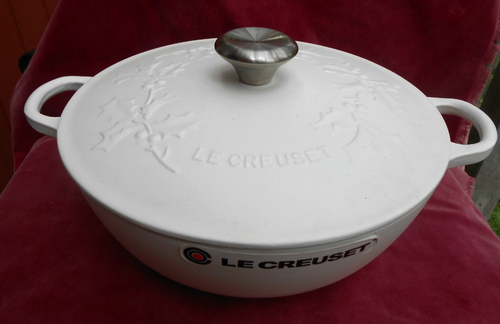 Le Creuset Holly Relief 4.1L White Silver Knob Cast Iron Enamel Pot Dutch oven