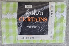 Vtg NEW 70s SEARS Bright Green Gingham Check Floral Cafe Curtain Pair 82” X 30”