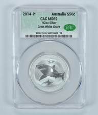 2014 P Australia 50 Cents Silver Great White Shark MS69 CAC CACg *3019