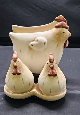 Vintage ceramic chicken-shaped shakers And Napkin Holder with distressed finish.