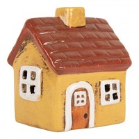 Kleines Haus Keramik Glasiert Gelb Rot Weiß 8X7X10Cm Teelichthalter Herbst