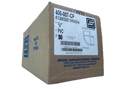 SPEARS 50 PACK 90 DEGREE ELBOW SOCKET 3/4'' PVC LAWN IRRIGATION SCH40 406-007-CP