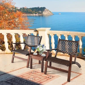 3PCS Rattan Patio Chair & Table Set Outdoor Furniture Set w/ Wooden Frame