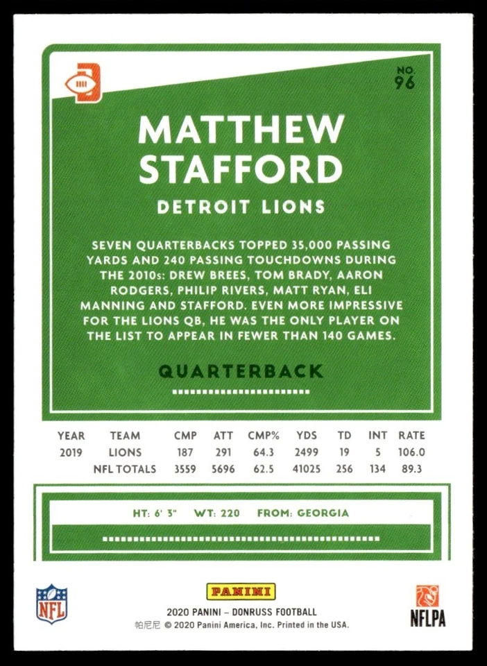 2020 Donruss Variation Matthew Stafford Detroit Lions #96 - Image 2 of 2