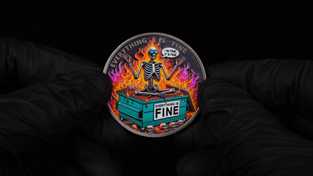 Funny Skull Dumpster Fire Challenge Coin Everything Is Fine Humor