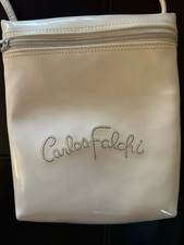VTG CARLOS FALCHI WHITE PATENT Pocketbook Purse RAISED LOGO CROSSBODY BAG 80s