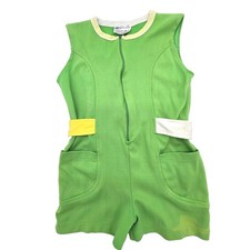 Vintage Kmart Girls Green Nylon Romper Sleeveless Zip Front Pockets Size 7