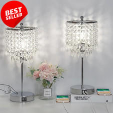 Crystal Table Lamps Set of 2 Touch Control Dimmable USB Bedside Lamp Silver US