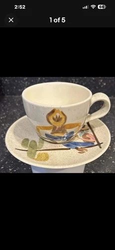 Red Wing Pottery Teacups and saucers (4) cowboy Chuck Wagon Series ￼￼