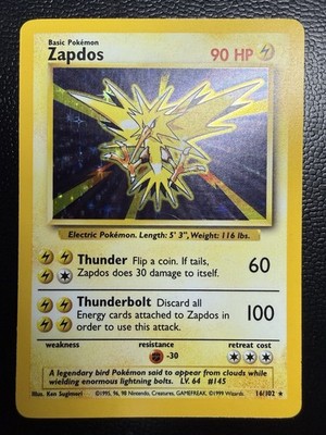 LP Pokémon Zapdos Base Set Holo Rare 16/102 Unlimited 1999 English