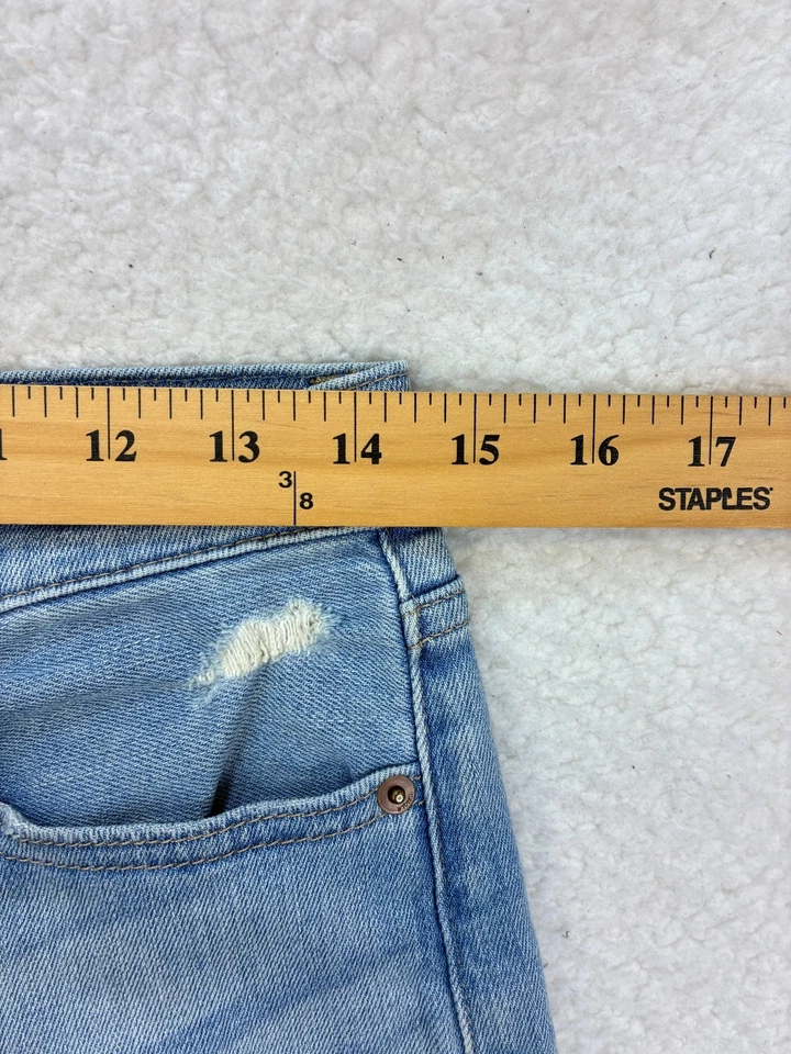 Pantalones de mezclilla para mujer Uniqlo 26 tiro alto novio recto azul claro dobladillo desgastado Foto 4 de 4