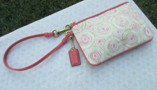 Coach 45418 Audrey Op Art Swirl Pink Khaki Canvas Pink Leather Wristlet Wallet