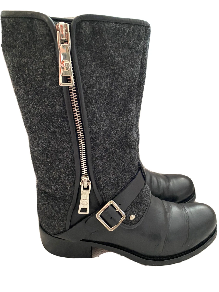 Auth Christian Dior Black Wool Leather Ankle Motorcycle Biker Boots EU36 US6