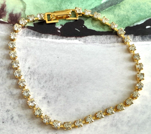 Stunning Dainty Gold Tone Rhinestones 7" Tennis Bracelet
