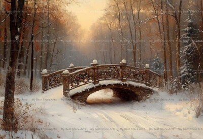 WINTER BRIDGE ART PRINT, Landscape Christmas Decor, Holiday Snow Poster