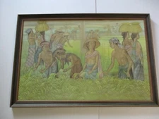 LARGE BALI PAINTING TROPICAL FARMERS WORKERS WOMAN Rare PORTRAIT LANDSCAPE 1970