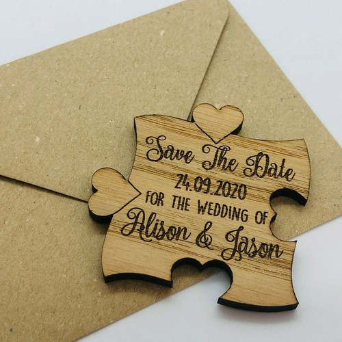 Personalised Jigsaw Piece Rustic Save The Date Fridge Magnets Wedding Invite - Picture 25 of 27