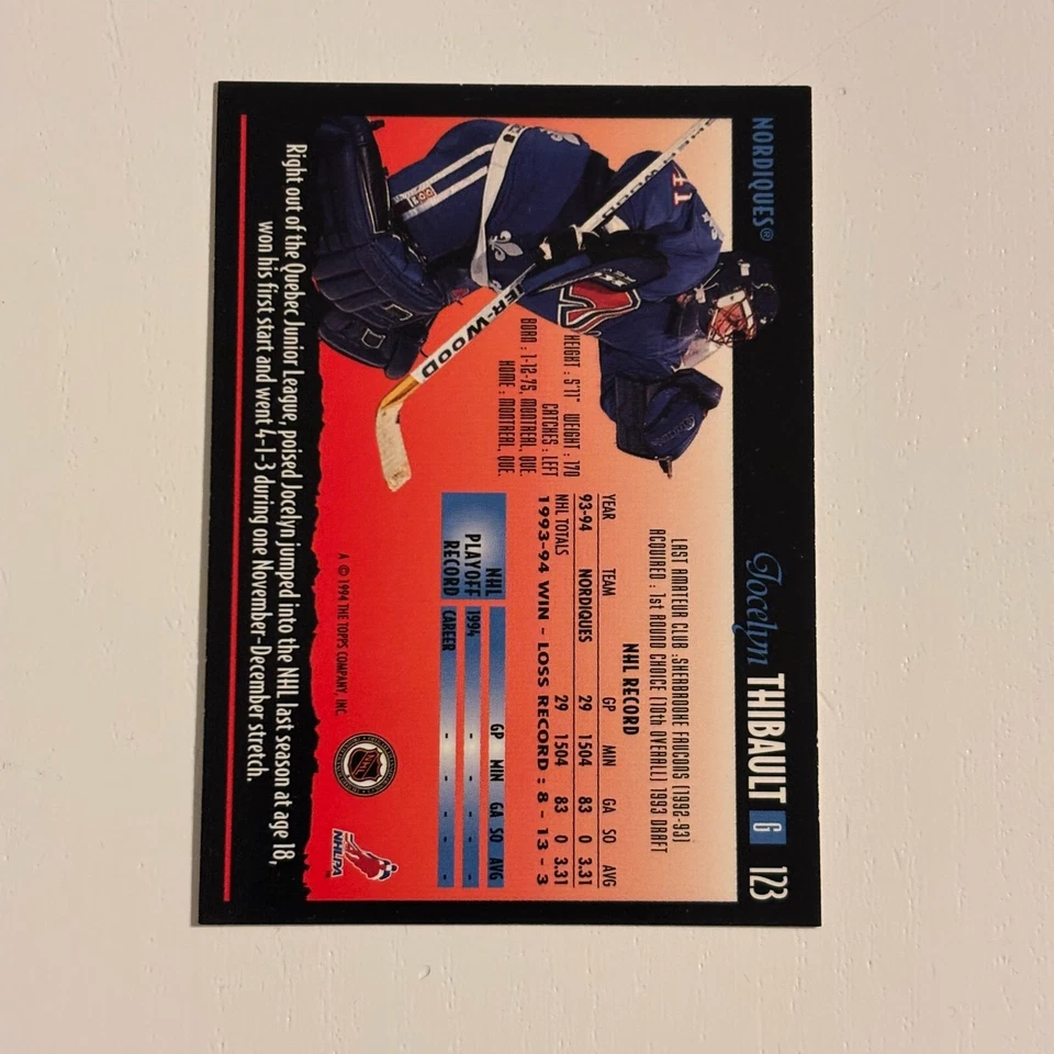 1994-95 Topps Premier - #123 Jocelyn Thibault - Image 2 of 2