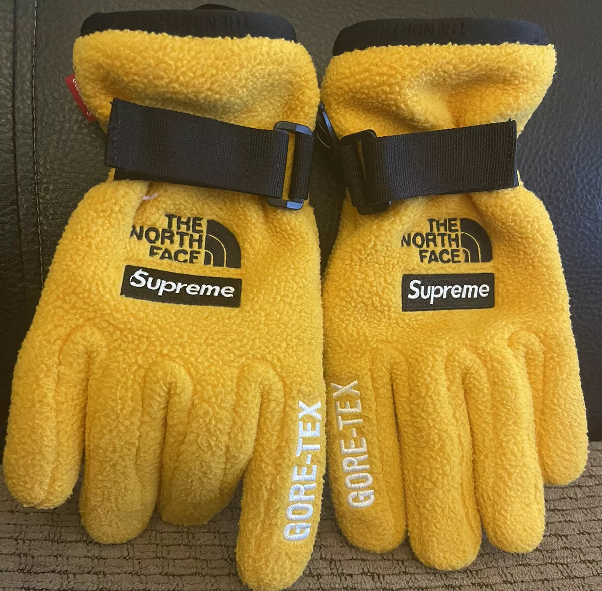 NORTH FACE : SUPREME X : GORE TEX FLEECE GLOVES. RTG. YELLOW GOLD. SIZE S.