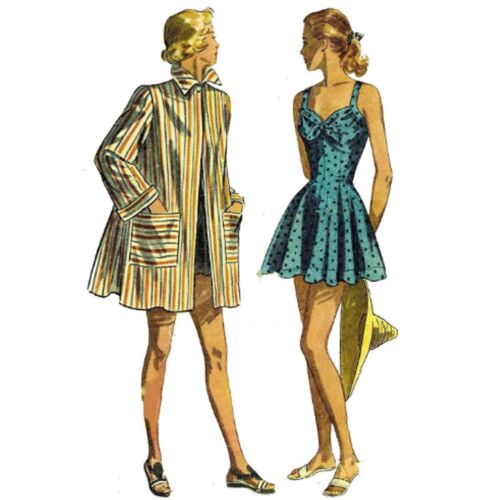 1940's Sewing Pattern: Bathing Suit, Swim Suit, Beach Coat - Multi-Sizes - Zdjęcie 1 z 1