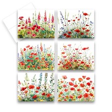 12 All Occasion Note Cards Blank with Envelopes - RED WILDFLOWERS  2 of Each 